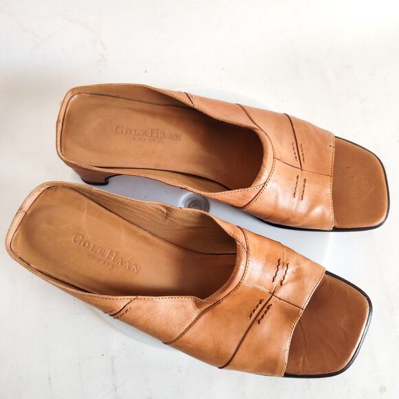 Cole Haan Sandals Mules 8.5 Tan Leather Sole Slides Low 1.5" Open Toe Y2K 90s - Picture 9 of 13